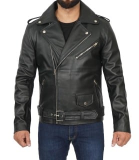 Denny Mens Black Rider Asymmetrical Belted Leather Jacket
